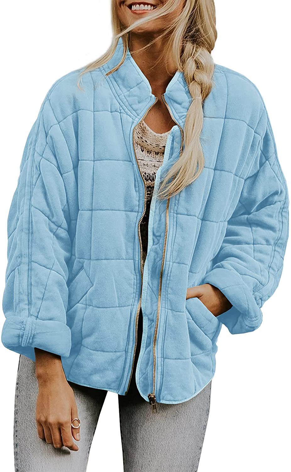 Winter Zip-up Stand Collar Coat With Pockets Fashion Solid Color Plaid Long Sleeved Jacket Women's Clothing