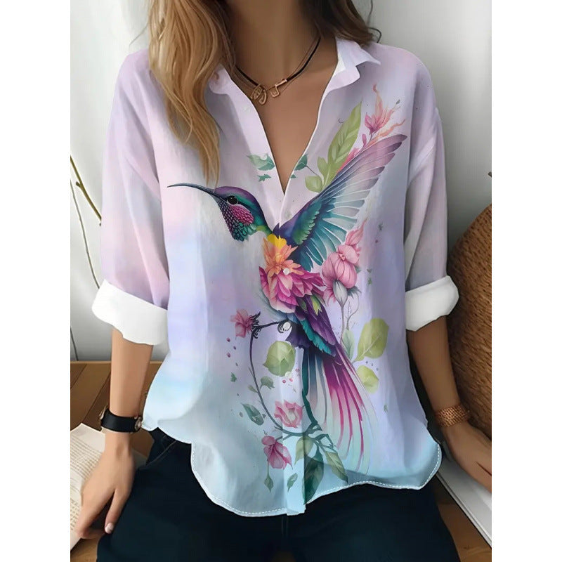 Floral Print Long-sleeved Shirt Women's Casual Button Tops Clothing